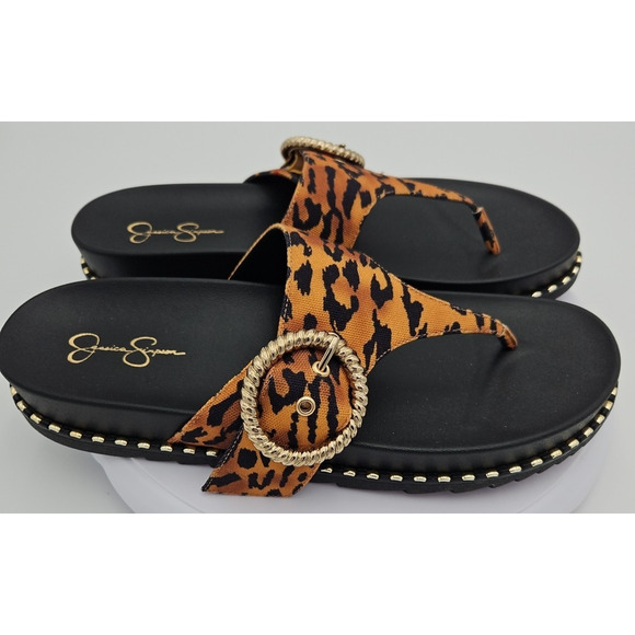 Jessica Simpson CYMMERI Slide Thong‎ Sandal Brown Cheetah Print Gold Buckle EUC - Picture 4 of 13
